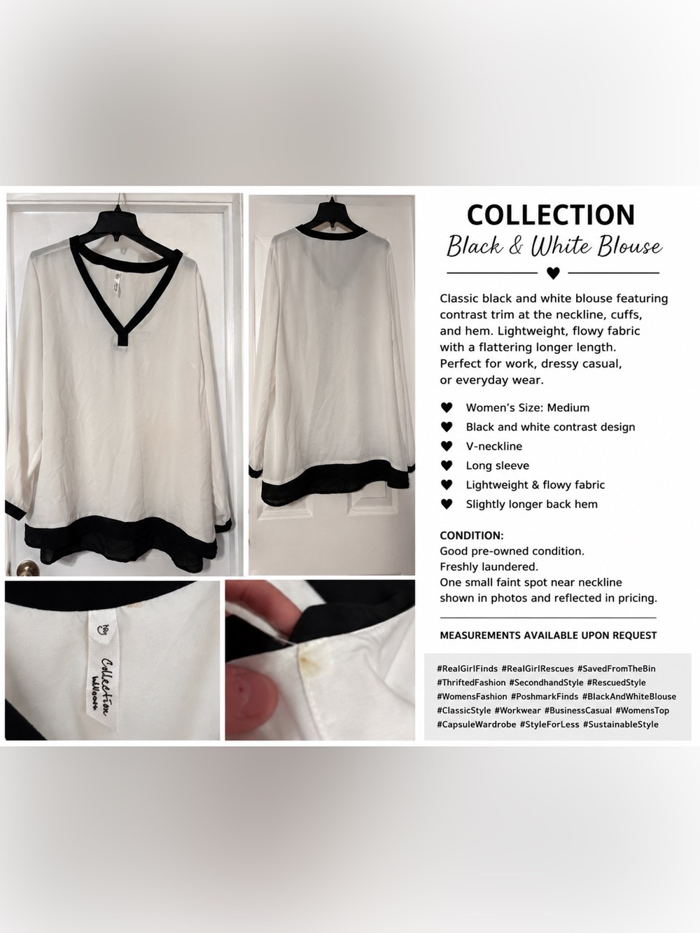 NY Collection Black and White Long-Sleeve V-Neck Blouse